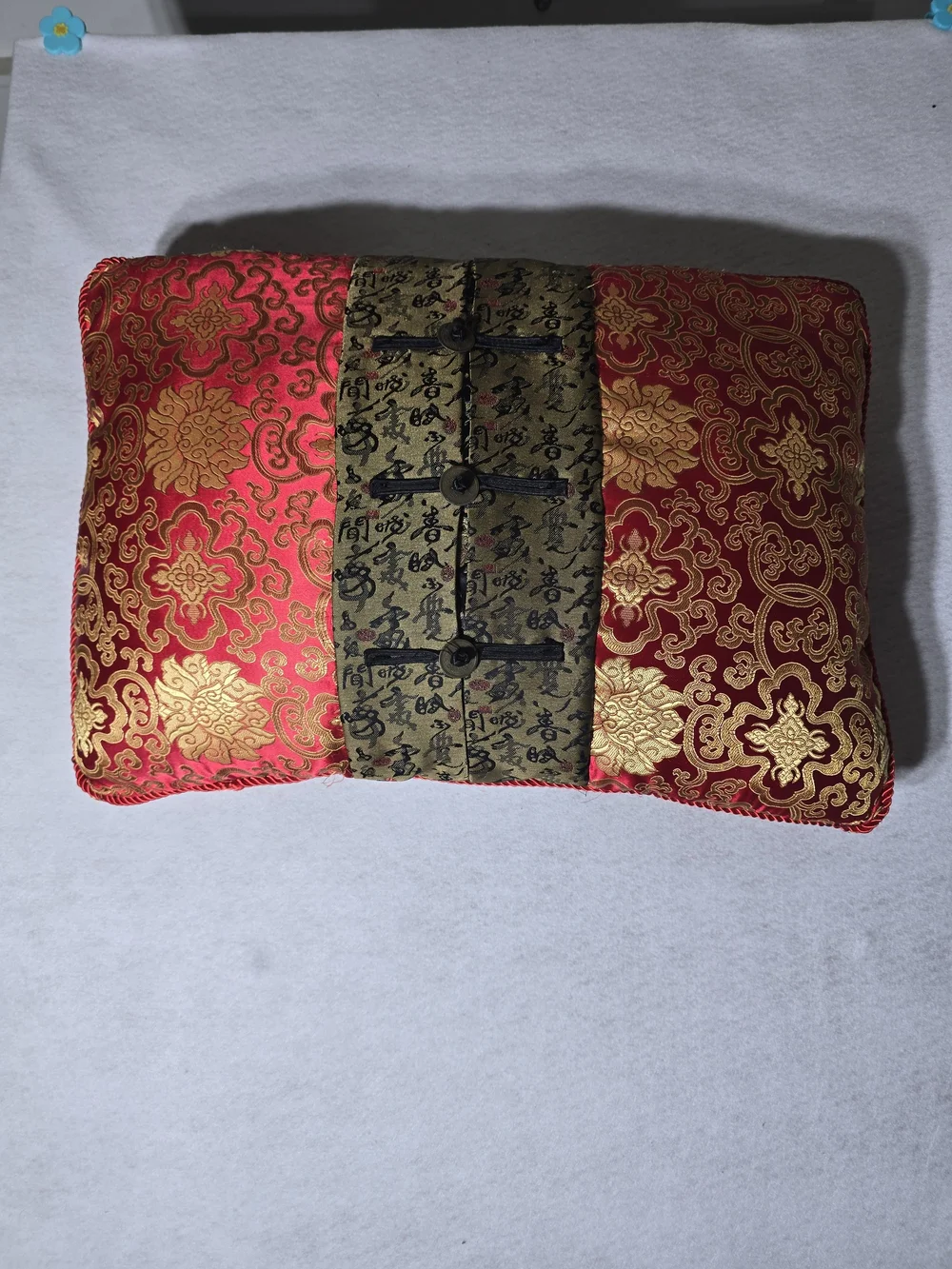 Ornate Red and Gold Decorative Accent Pillow with Embroidered Panel
